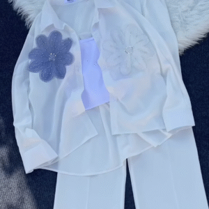 White Floral Embroidered Shirt with Tube Top & Pants – Elegant Layered Casualwear for Women