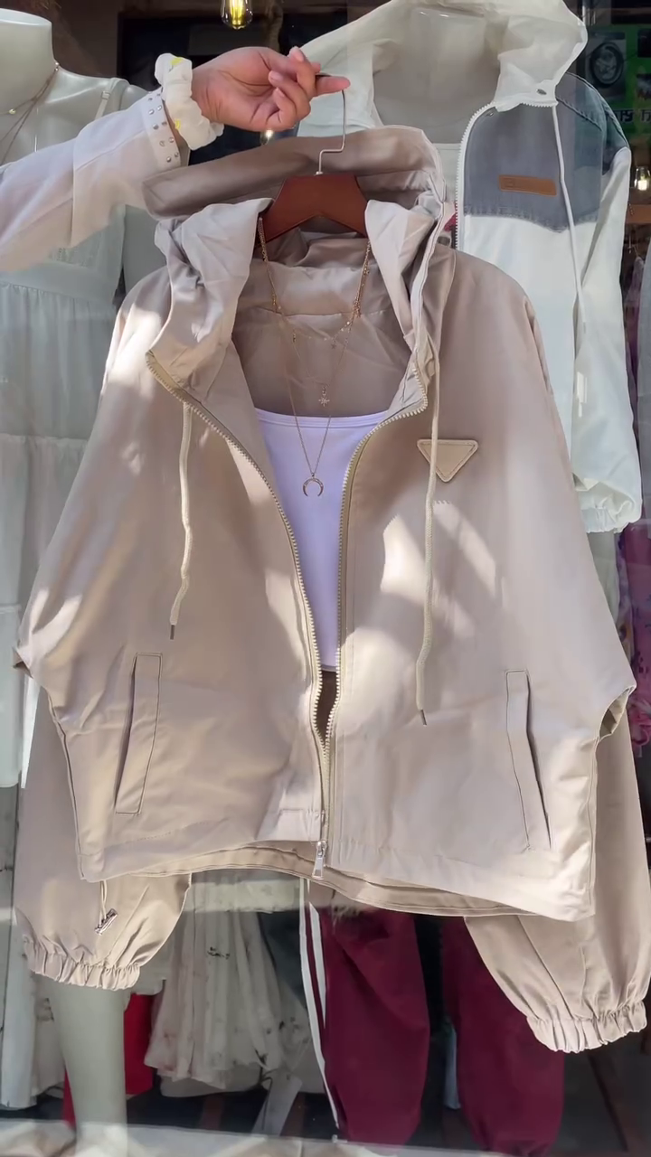 Beige Hooded Jacket with White Tank Top – Layered Casualwear for Women