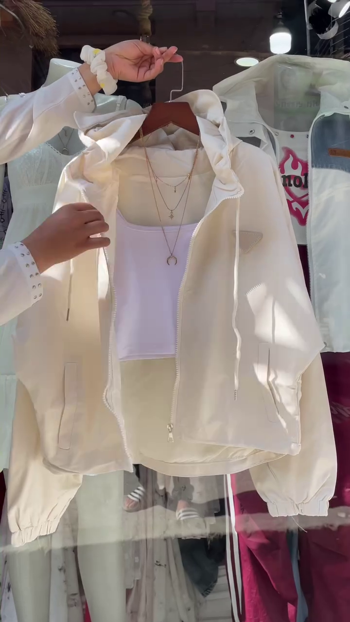 Beige Hooded Jacket with White Tank Top – Layered Casualwear for Women - Image 6