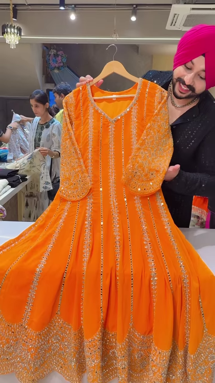 Orange Embroidered Anarkali with Silver Detailing – Festive Ethnicwear for Women - Image 3