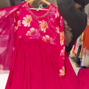 Bright Pink Floral Printed Flared Kurti with Embroidered Neckline and Button Detailing