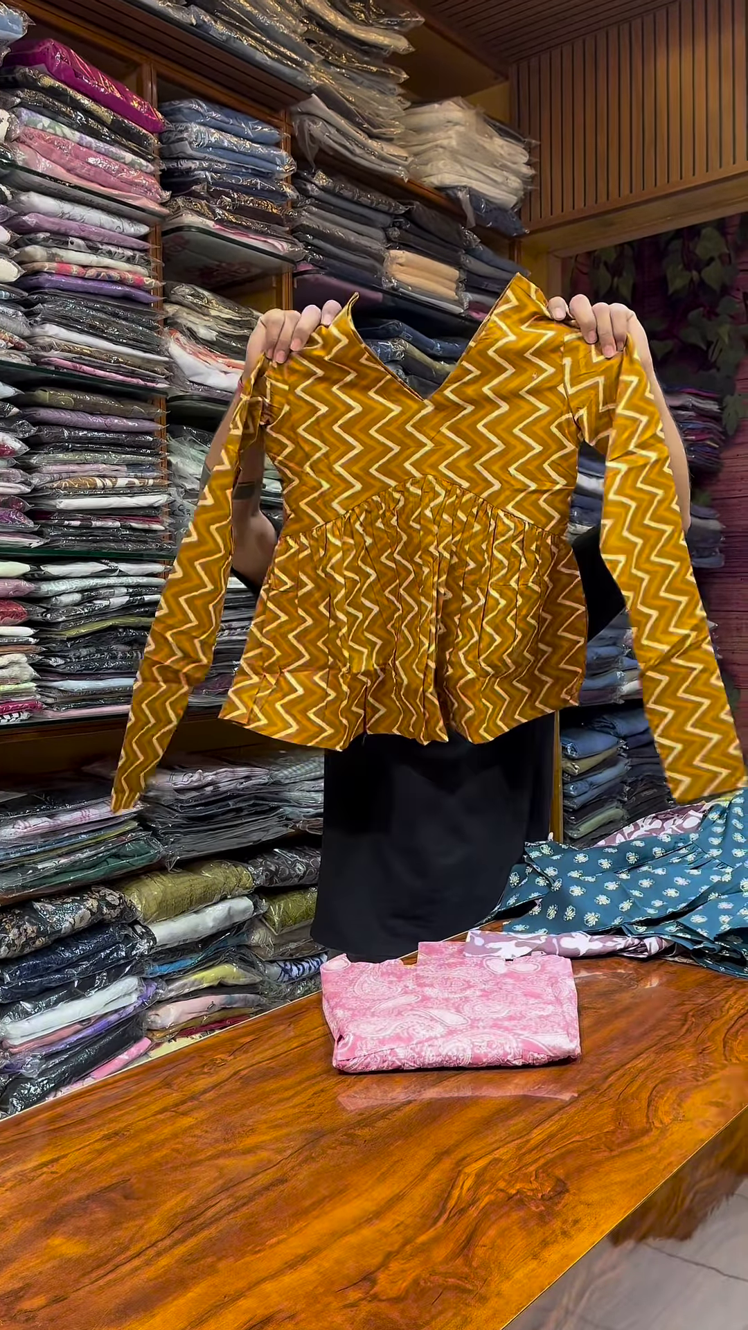 Pink Paisley Printed V-Neck Peplum Top with Long Sleeves for Women - Image 2