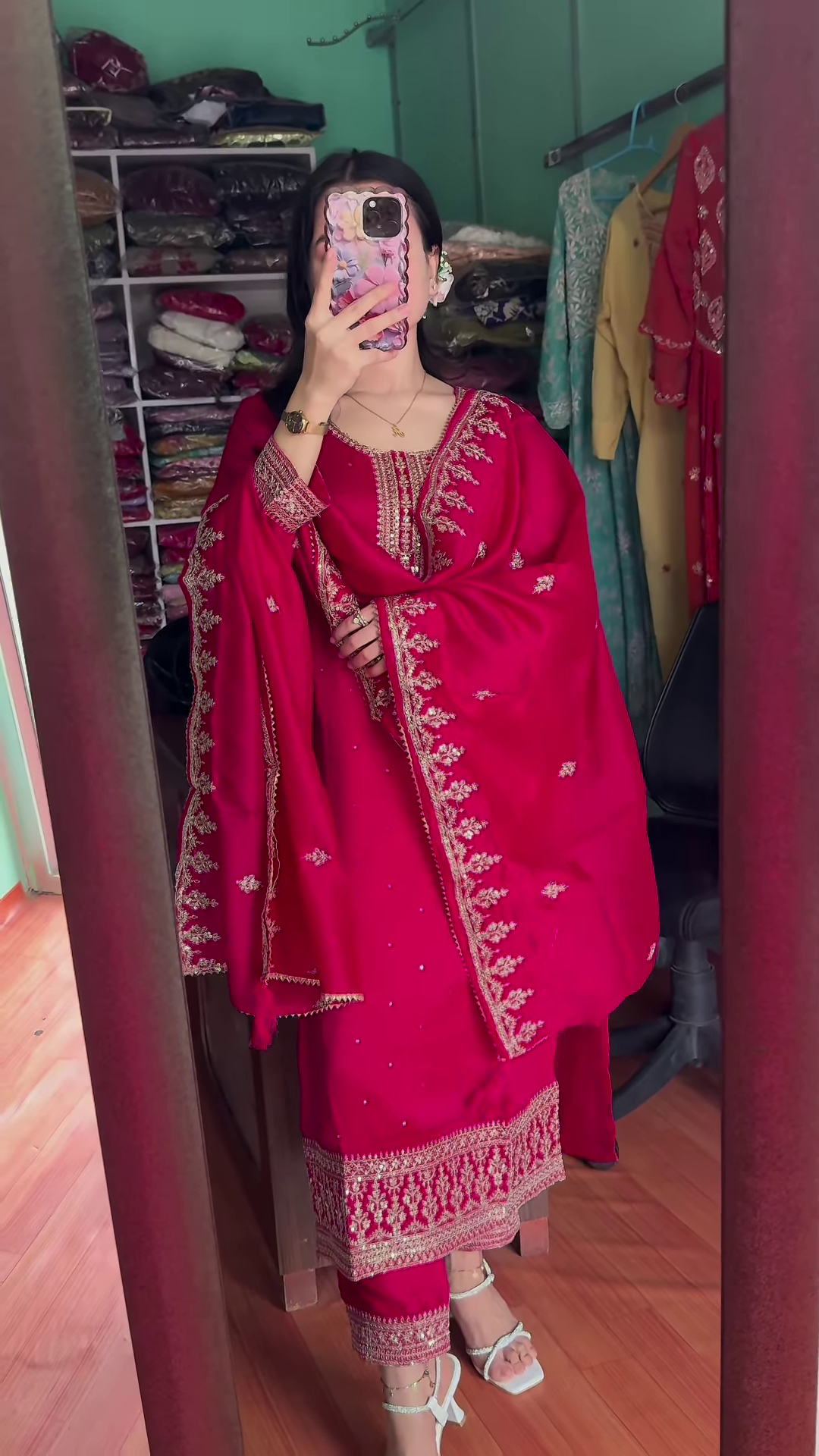 Elegant Crimson Silk Embroidered Salwar Kameez - 3-Piece Traditional Ethnic Set