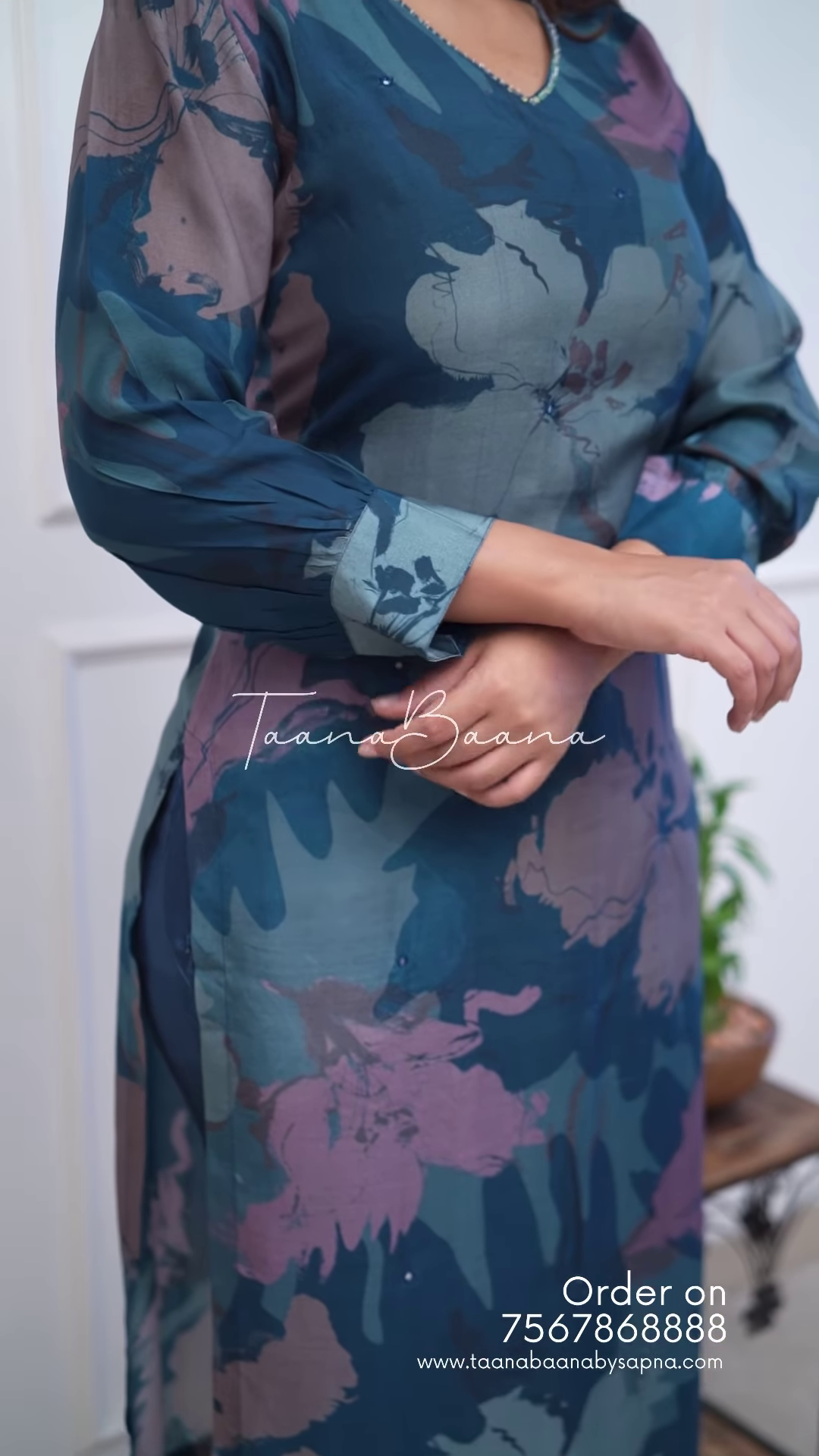 Elegant Teal Floral Silk Maxi Dress with V-Neck Detail & Pockets - Image 3