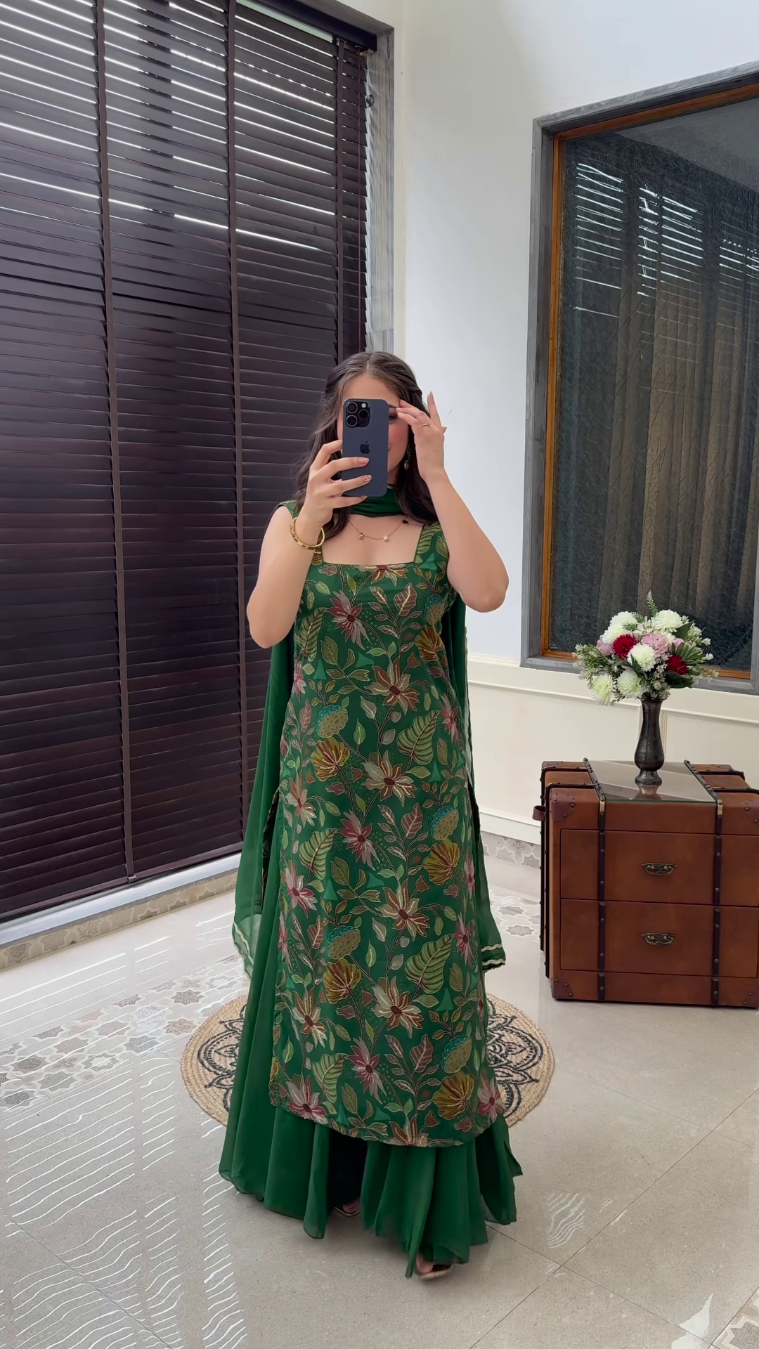 Forest Green Floral Embroidered Sharara Set with Organza Dupatta - Image 4