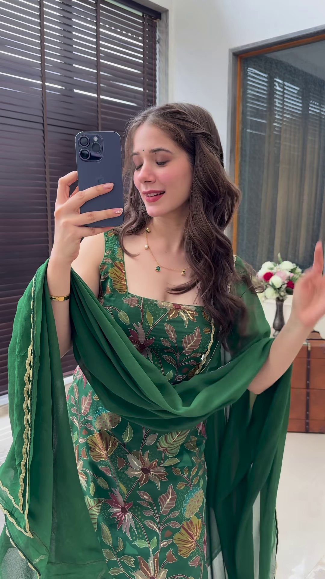 Forest Green Floral Embroidered Sharara Set with Organza Dupatta - Image 3