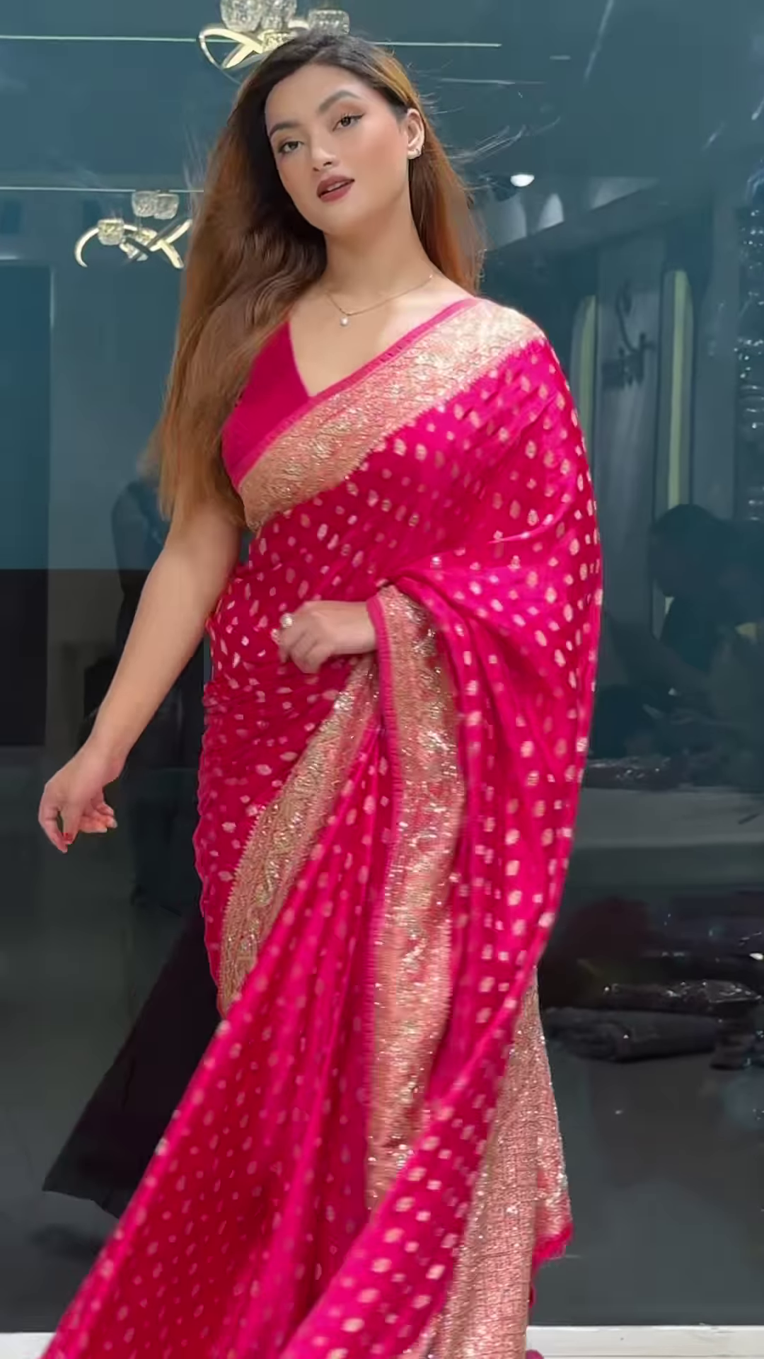 Vibrant Fuchsia Pink Banarasi Silk Saree with Gold Buta and Scalloped Zari Border - Image 2