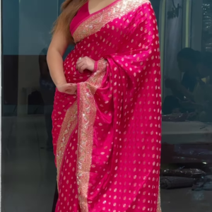 Vibrant Fuchsia Pink Banarasi Silk Saree with Gold Buta and Scalloped Zari Border