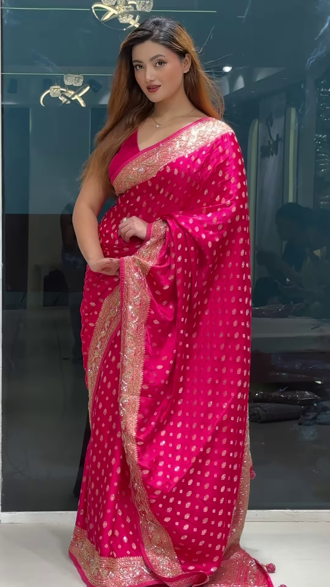 Vibrant Fuchsia Pink Banarasi Silk Saree with Gold Buta and Scalloped Zari Border