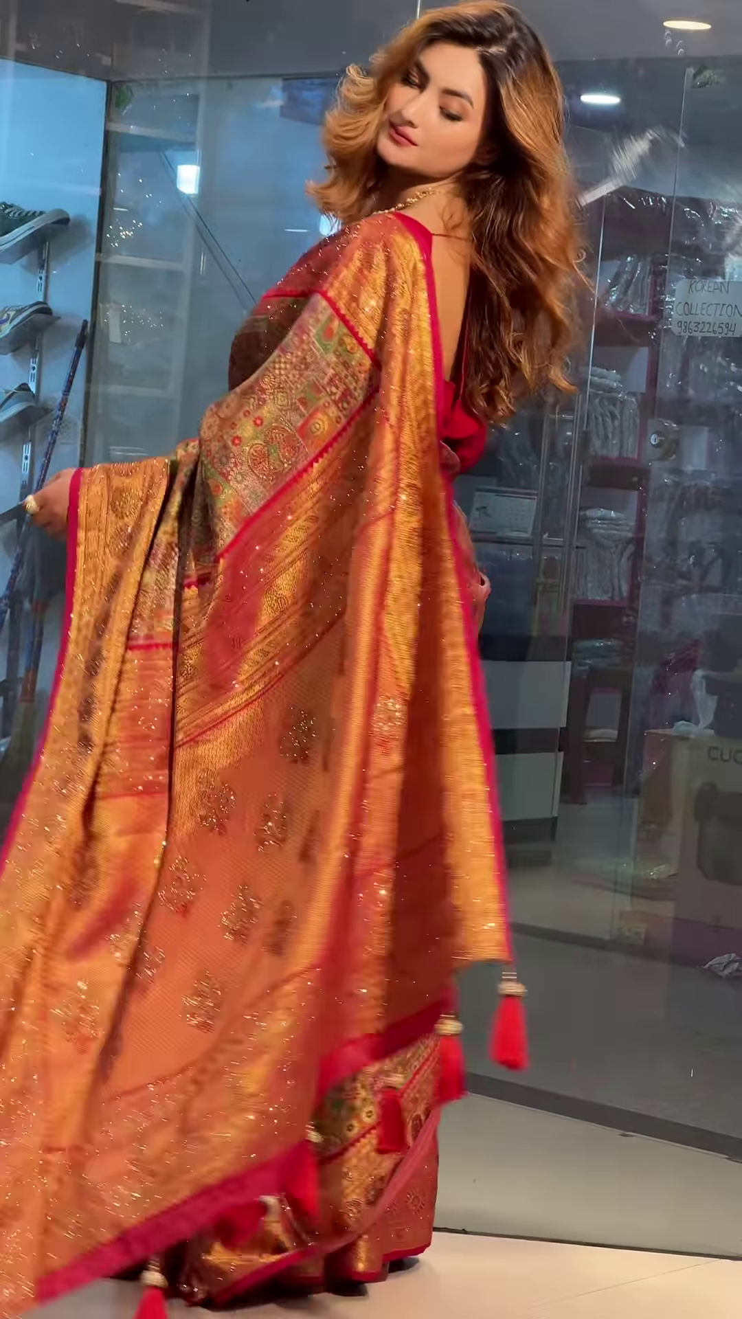 Vibrant Crimson Red Multi-Patterned Saree with Intricate Gold Zari and Geometric Motifs - Image 2