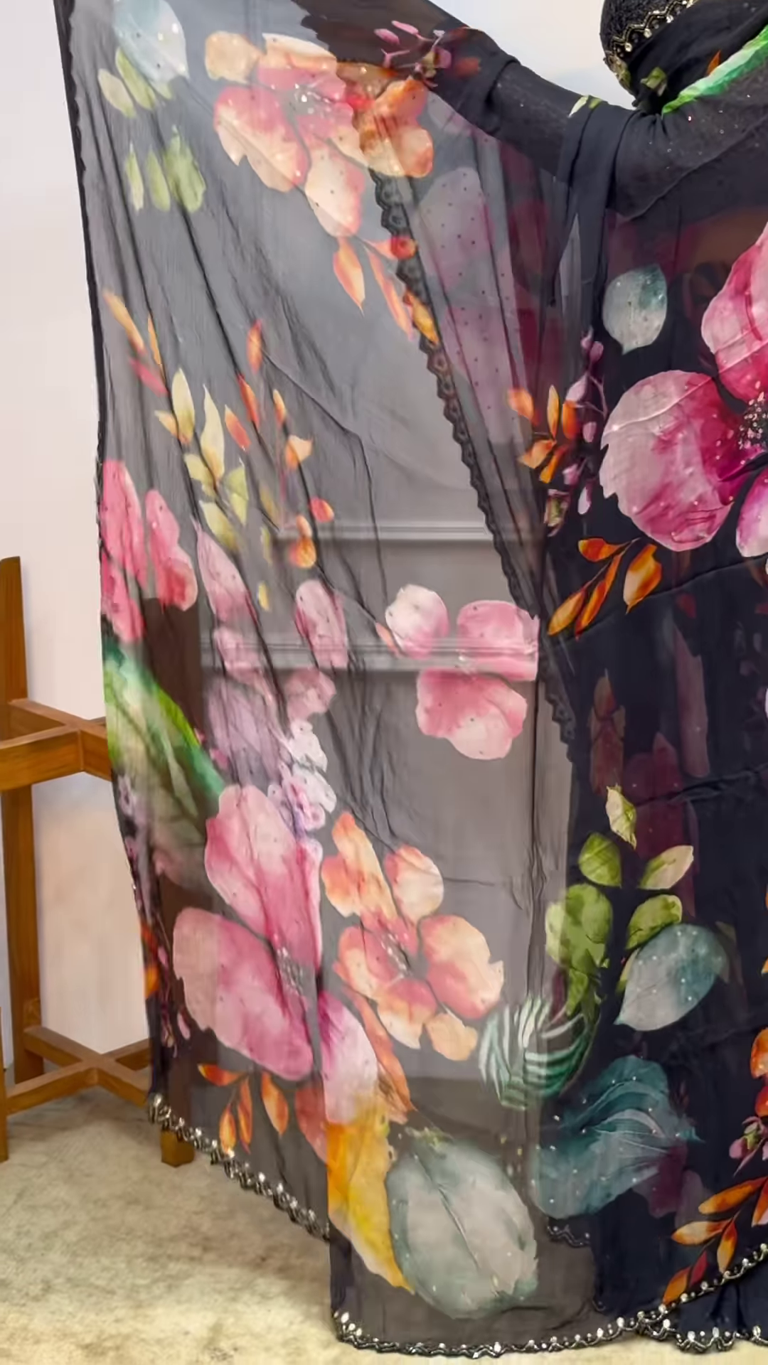 1. Midnight Garden Floral Organza Saree with Sequin Border - Image 2