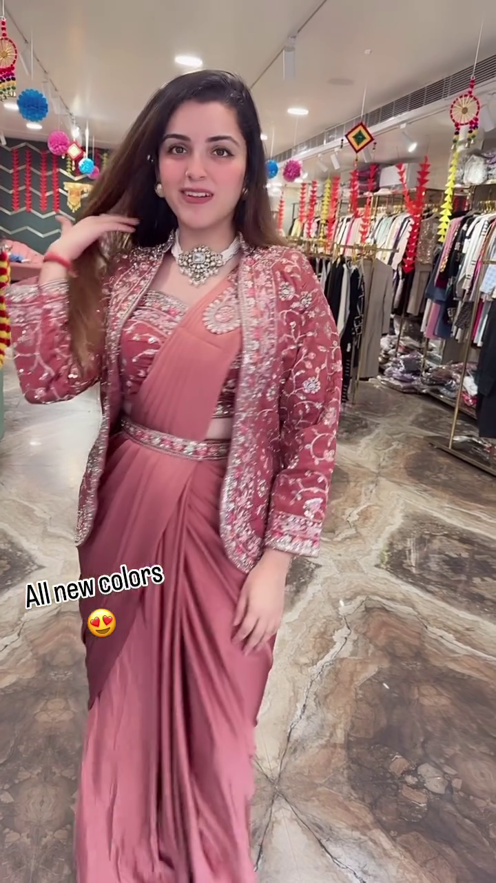 Modern Mauve Pre-Draped Saree Set with Intricately Embroidered Jacket and Coordinating Belt - Image 3