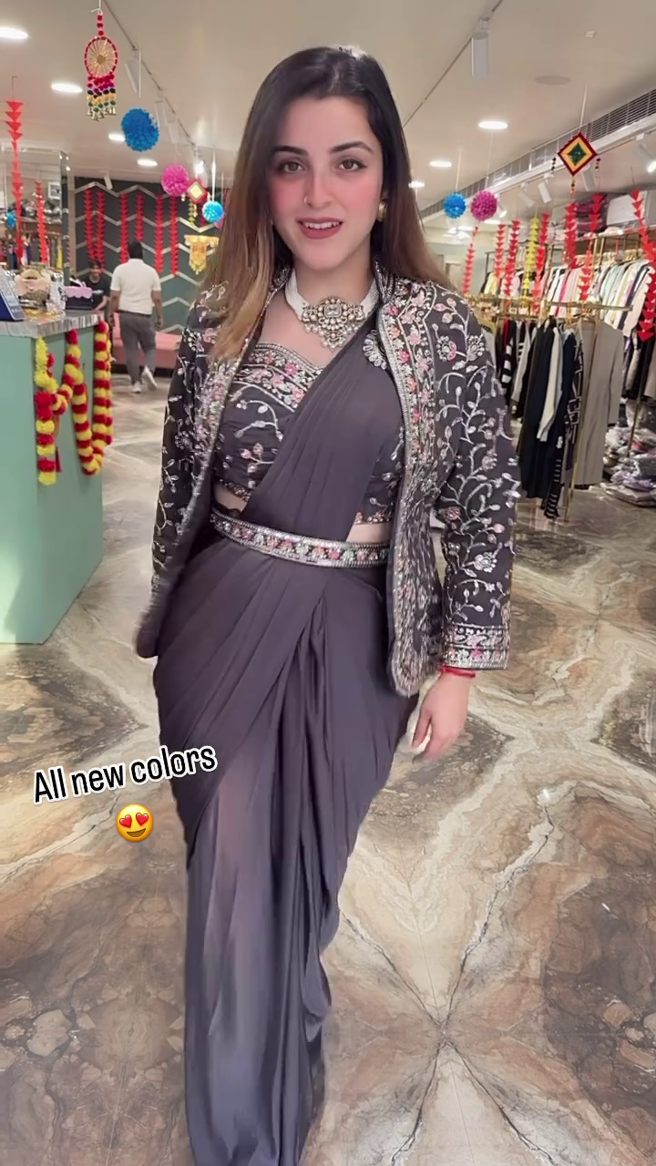 Modern Mauve Pre-Draped Saree Set with Intricately Embroidered Jacket and Coordinating Belt