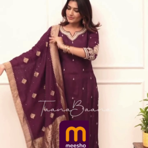 Deep Plum Purple Silk Suit with Gold Zari Border