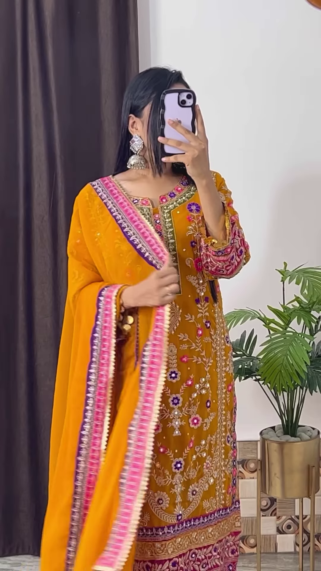 Mustard Yellow Silk Kurta with Ethnic Floral Embroidery and Pink Dupatta - Vibrant Festive Suit Set - Image 5