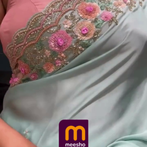 Soft Mint Green Saree with Pink Floral Embroidery and Scalloped Border - Designer Pastel Ethnic Wear