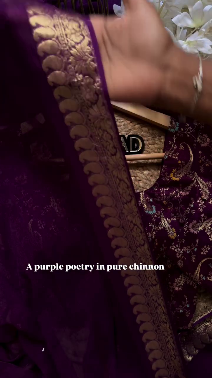 Royal Deep Purple Pure Chinnon Saree with Ornate Gold Zari Paisley Border - Traditional Festive Collection - Image 2