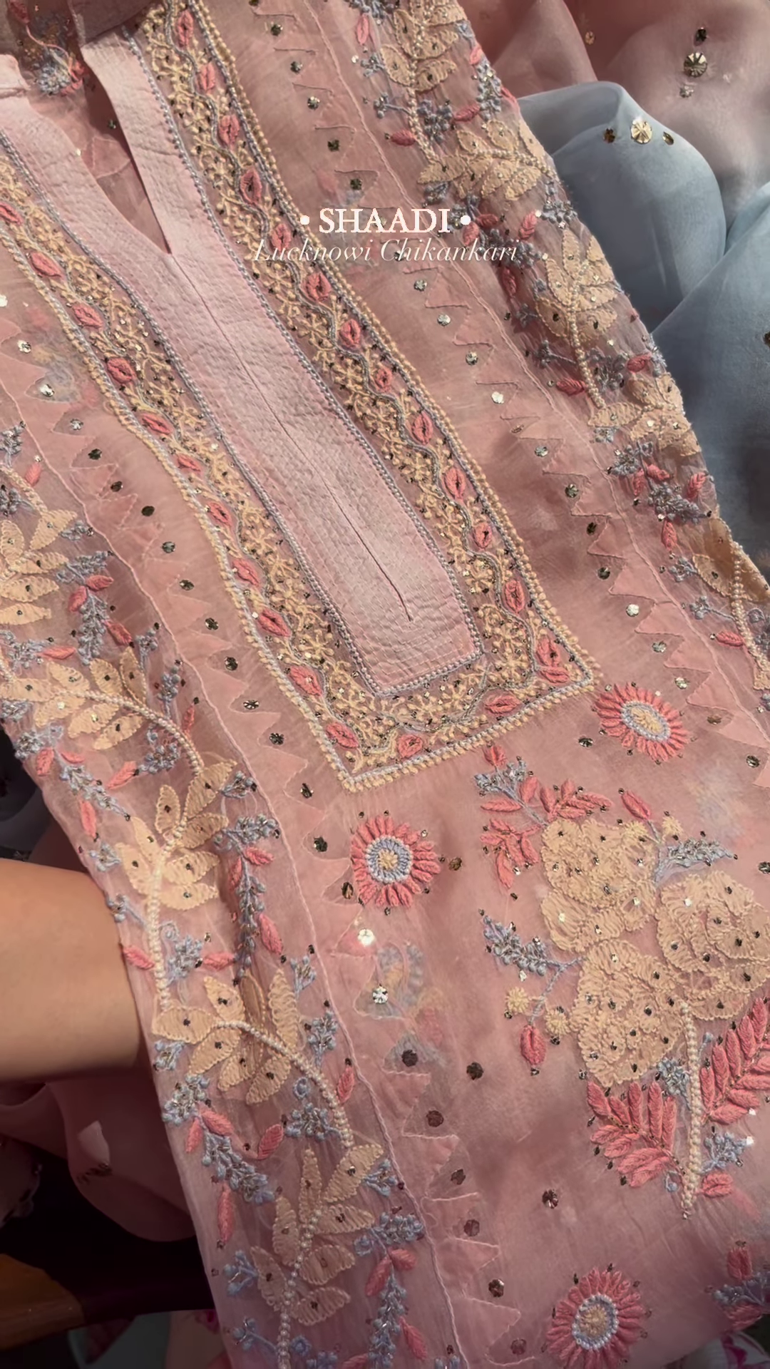 Peach Organza Lucknowi Chikankari Kurta with Hand-Embroidered Floral Motifs and Sequin Accents - Image 5