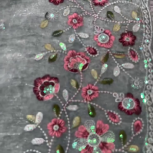 Sheer Grey Organza Fabric with Intricate Pink Floral Embroidery and Sequin Accents – Designer Boutique Material