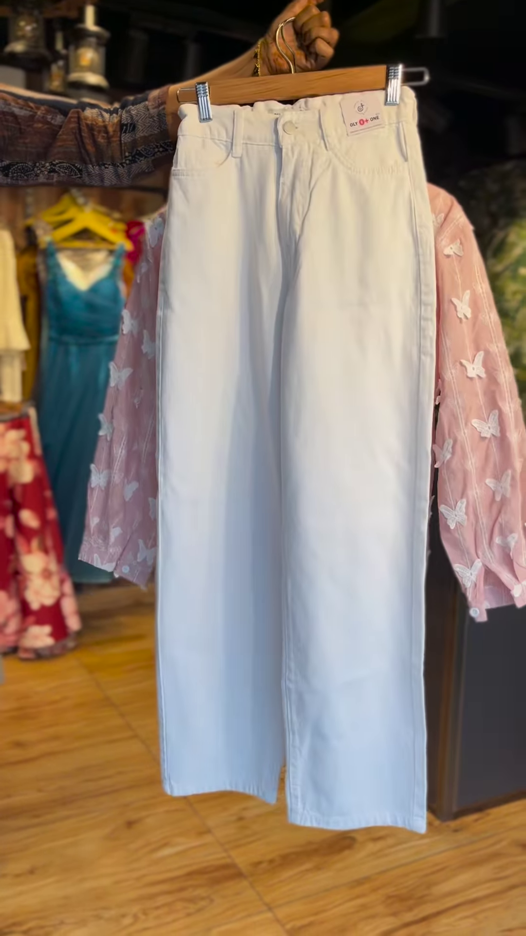 Blush Pink Button-Down Shirt with 3D White Butterfly Appliques and Scalloped Lace Hem - Elegant Feminine Wear - Image 2