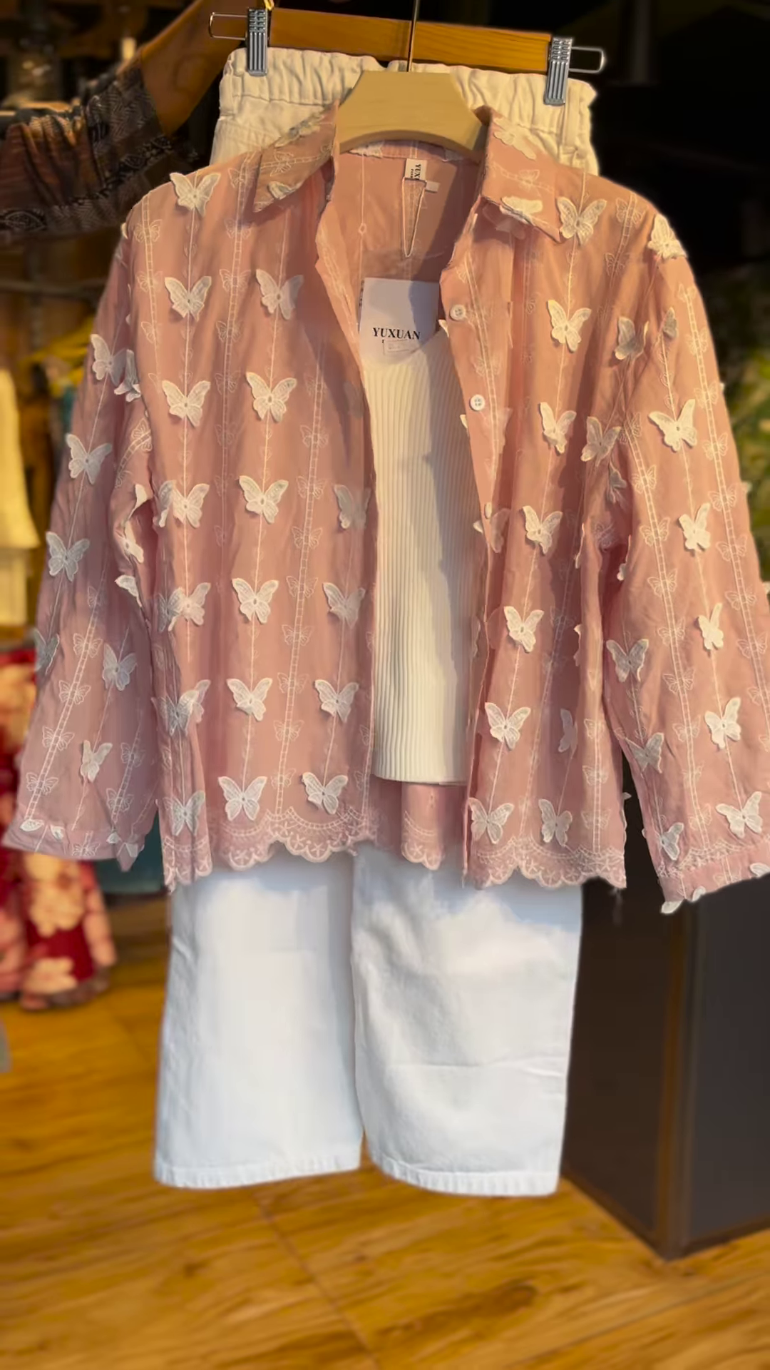 Blush Pink Button-Down Shirt with 3D White Butterfly Appliques and Scalloped Lace Hem - Elegant Feminine Wear