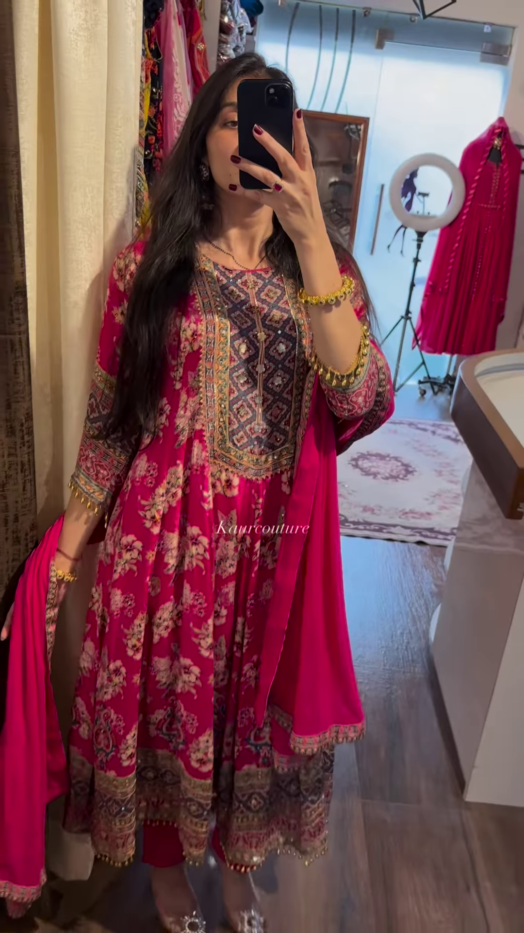 Vibrant Fuchsia Pink Anarkali Suit with Ornate Geometric Yoke and Scattered Floral Print - Festive Ethnic Gown - Image 4