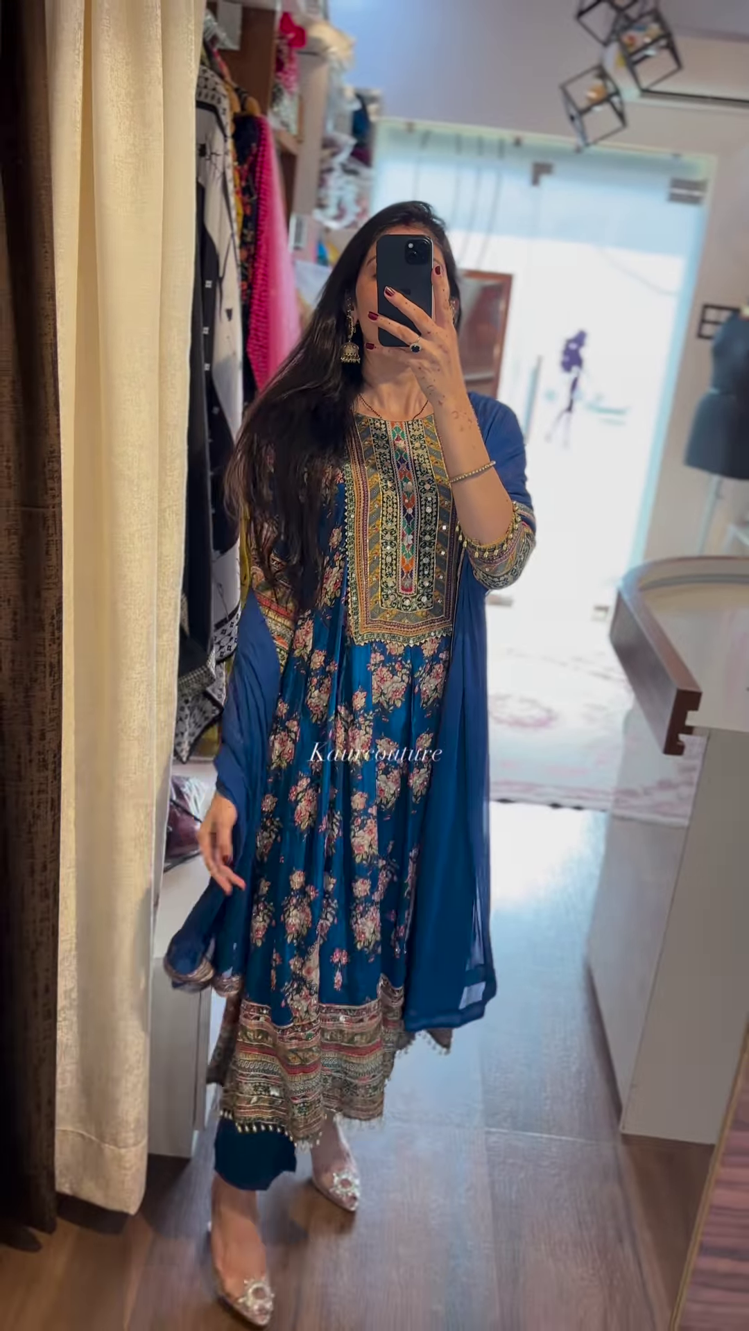 Vibrant Fuchsia Pink Anarkali Suit with Ornate Geometric Yoke and Scattered Floral Print - Festive Ethnic Gown - Image 2