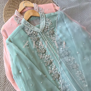 Mint Green Silk-Blend Kurta with Heavy Silver Zari Embroidery and Pearl Accents - Premium Occasion Wear