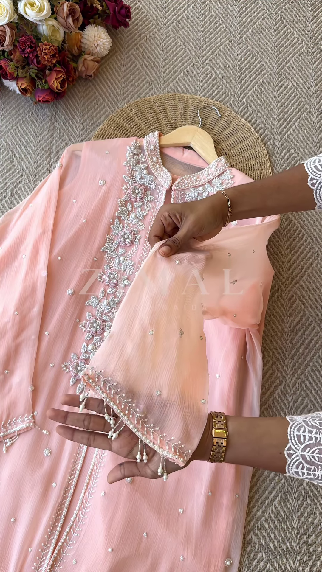 Mint Green Silk-Blend Kurta with Heavy Silver Zari Embroidery and Pearl Accents - Premium Occasion Wear - Image 2