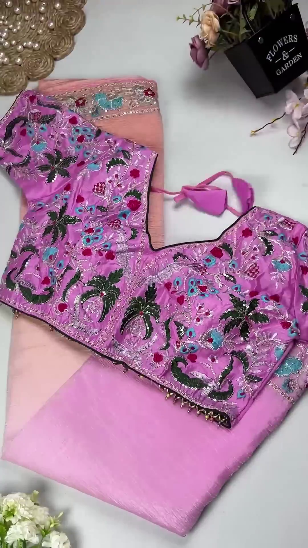 Azure Garden Embroidered Blouse with Ombre Lilac Saree Set - Image 4