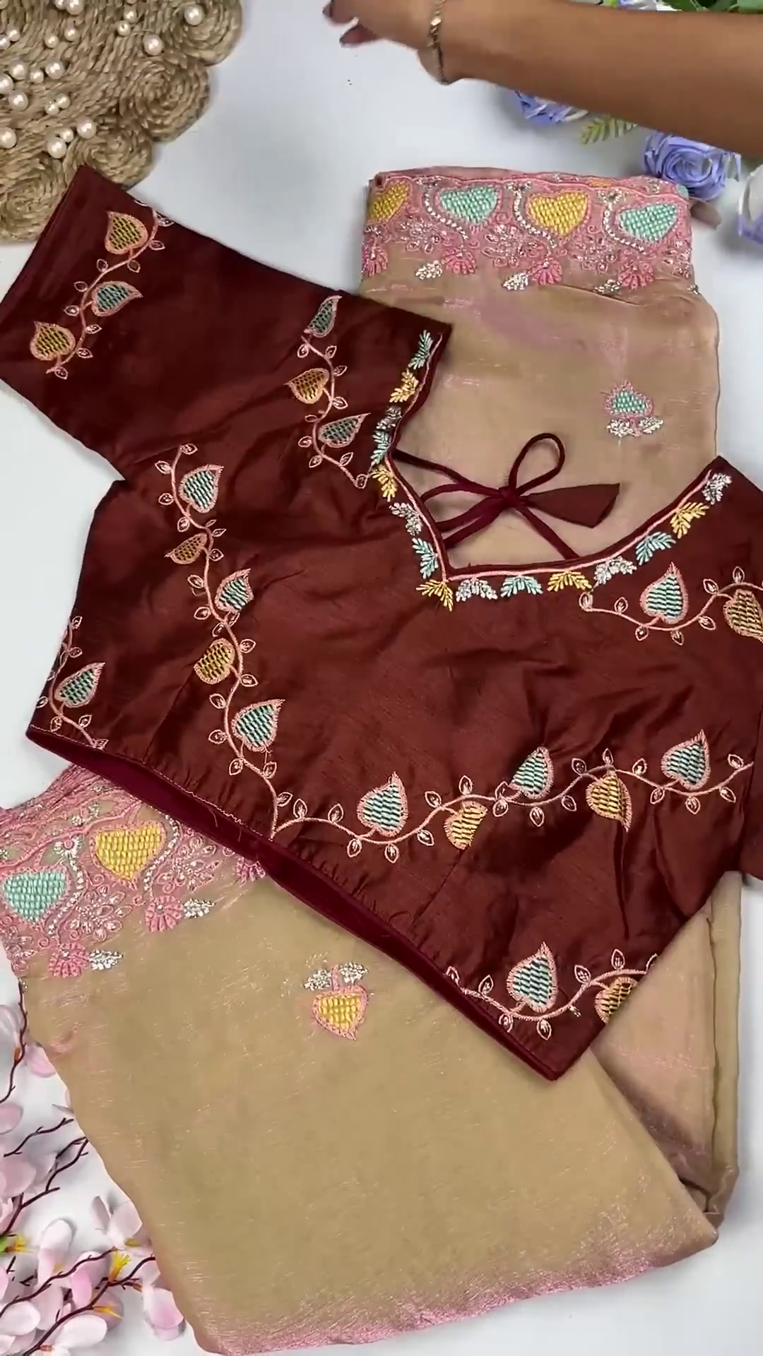 Royal Maroon Leaf-Embroidered Blouse with Sand Gold Saree Set