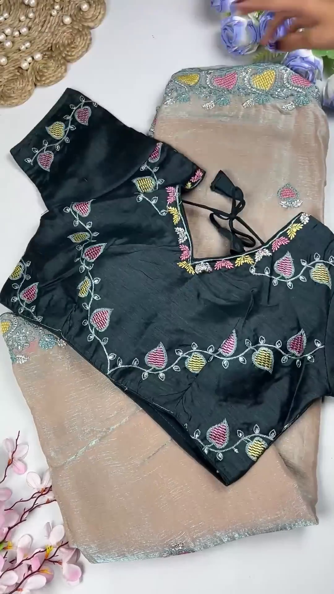 Royal Maroon Leaf-Embroidered Blouse with Sand Gold Saree Set - Image 4