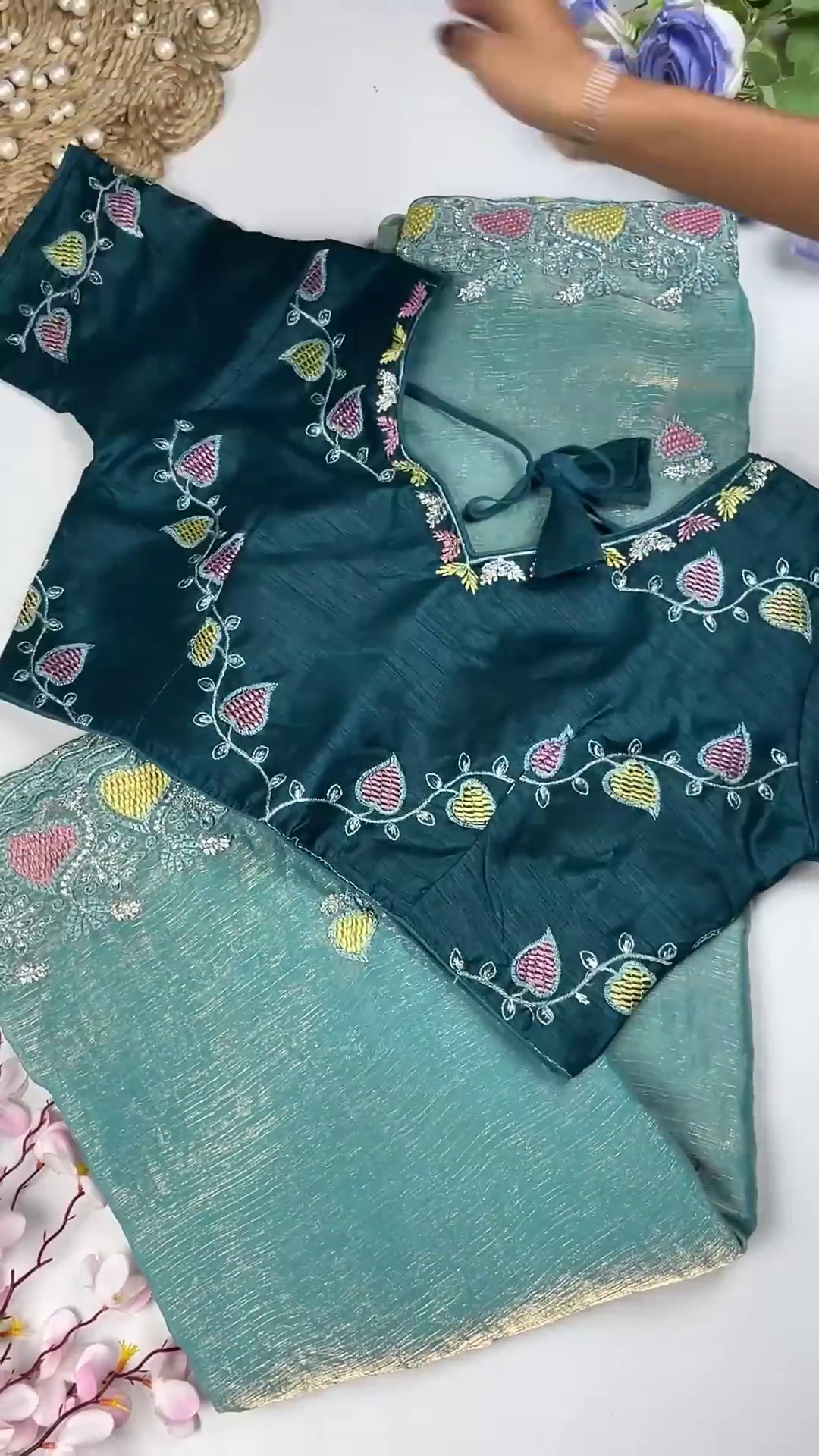 Royal Maroon Leaf-Embroidered Blouse with Sand Gold Saree Set - Image 5