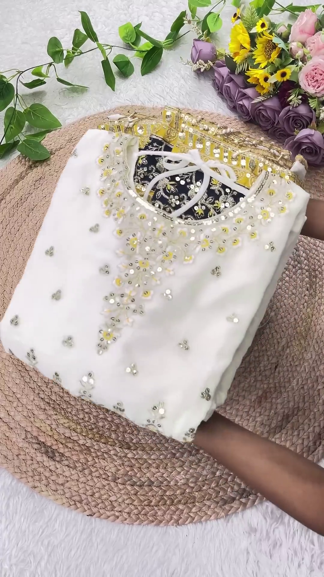 Ethereal White Anarkali with Mustard Floral Highlights - Image 3