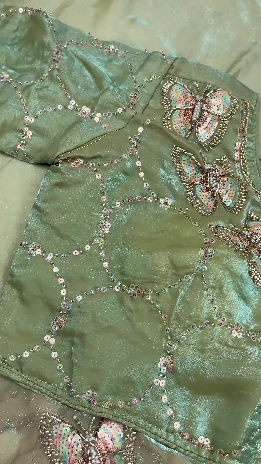Ethereal Sage Green Ensemble with Butterfly Sequin Accents - Image 2