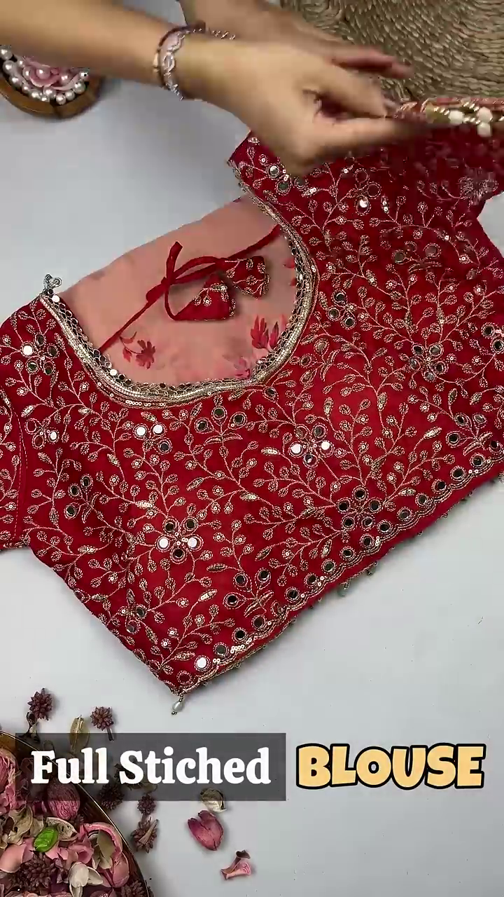 Peach Blossom Saree with Scalloped Mirror-Work Border - Image 2