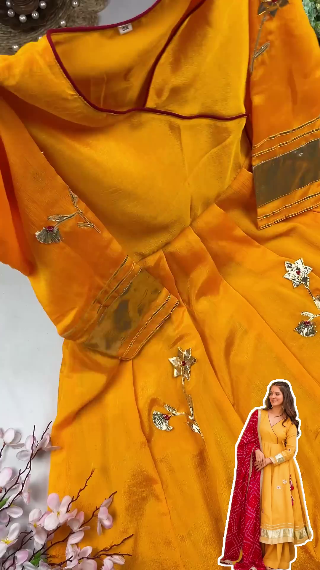 Sun-Kissed Mustard Anarkali with Angrakha Neckline and Bandhani Dupatta - Image 2