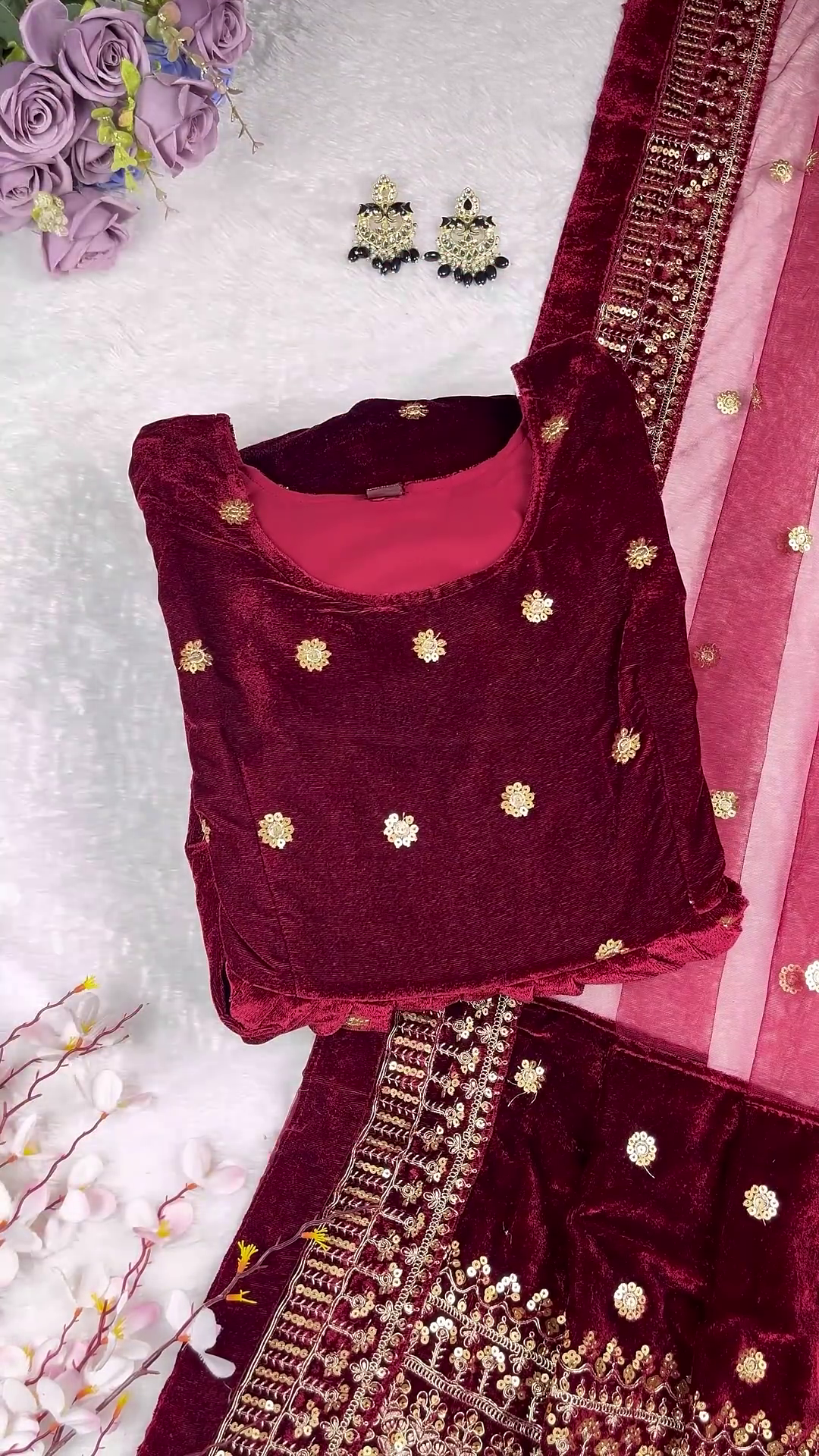 Majestic Ruby Velvet Anarkali with Golden Floral Zari and Sequin Embroidery