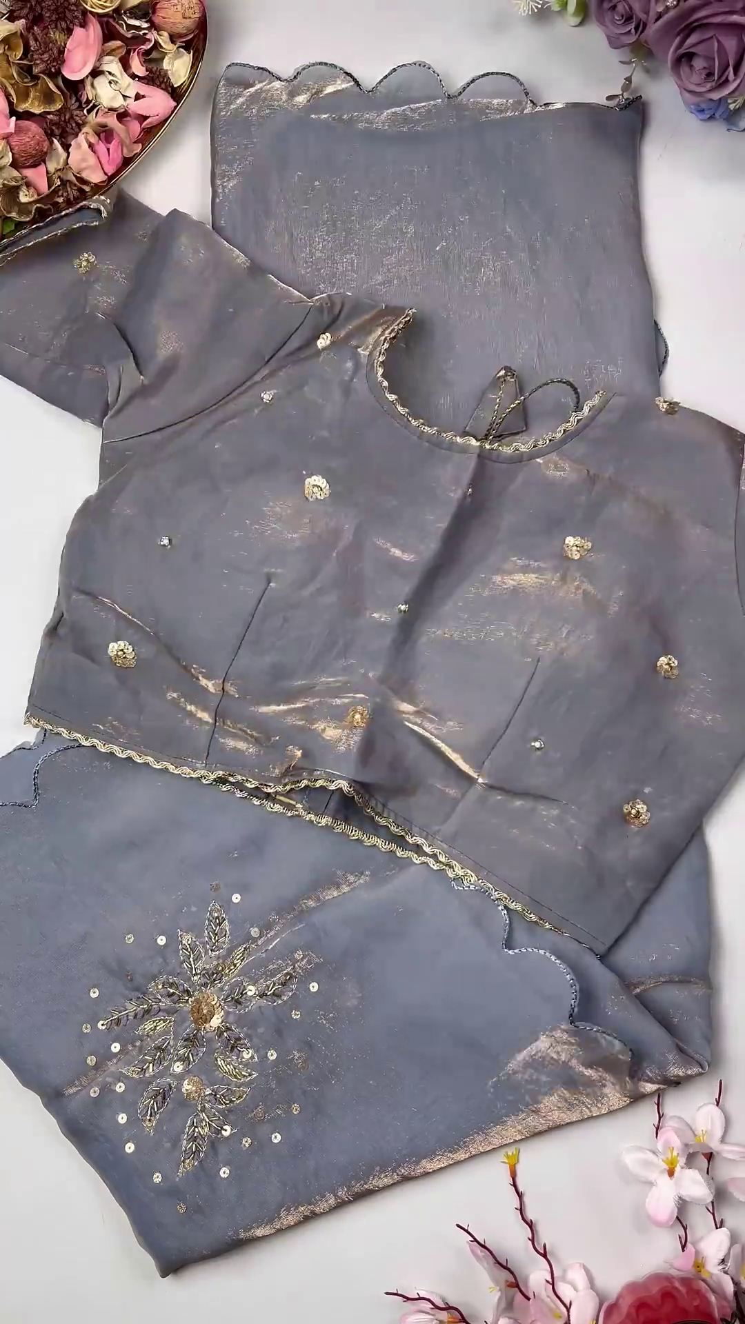 Luminous Shimmer Silk Saree with Hand-Embroidered Floral Zari Butta - Image 3