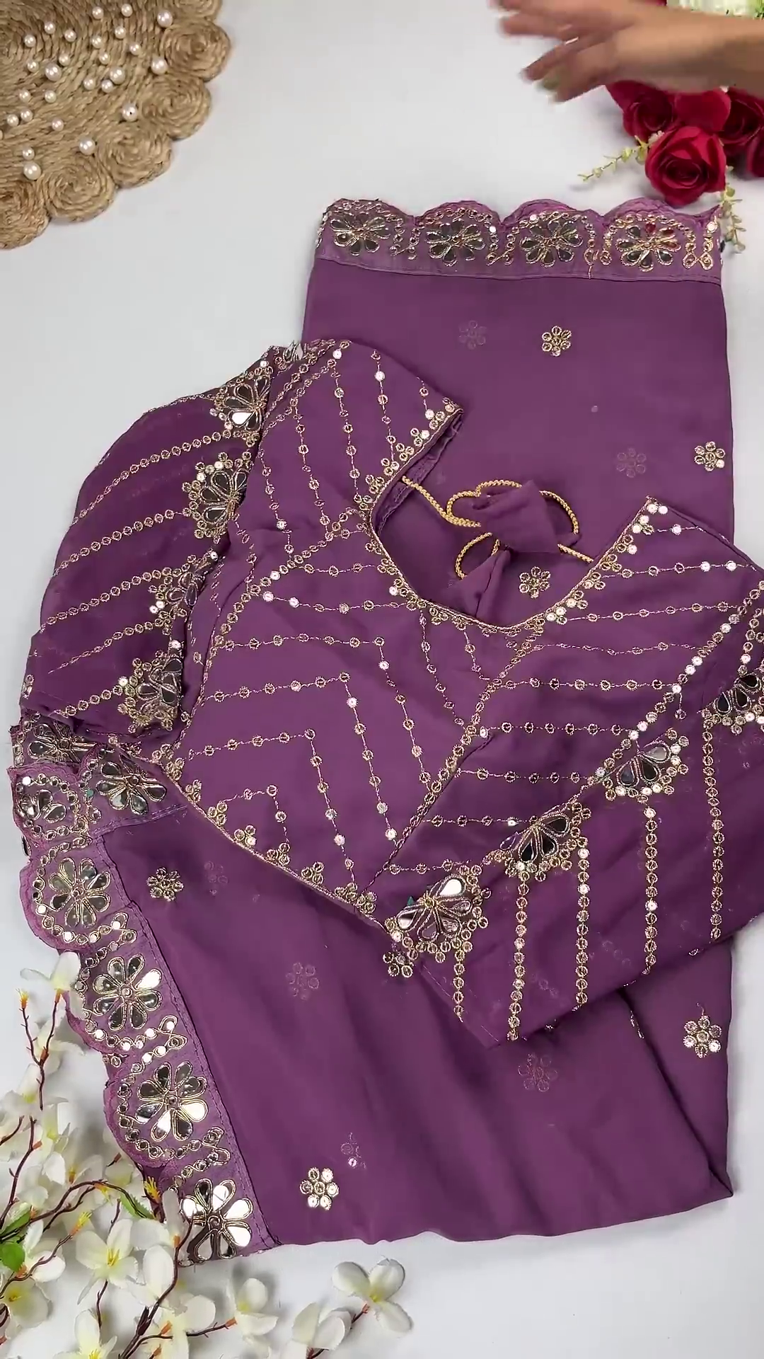 Georgette Saree Set with Hand-Embroidered Mirror-Work Floral Border - Image 8