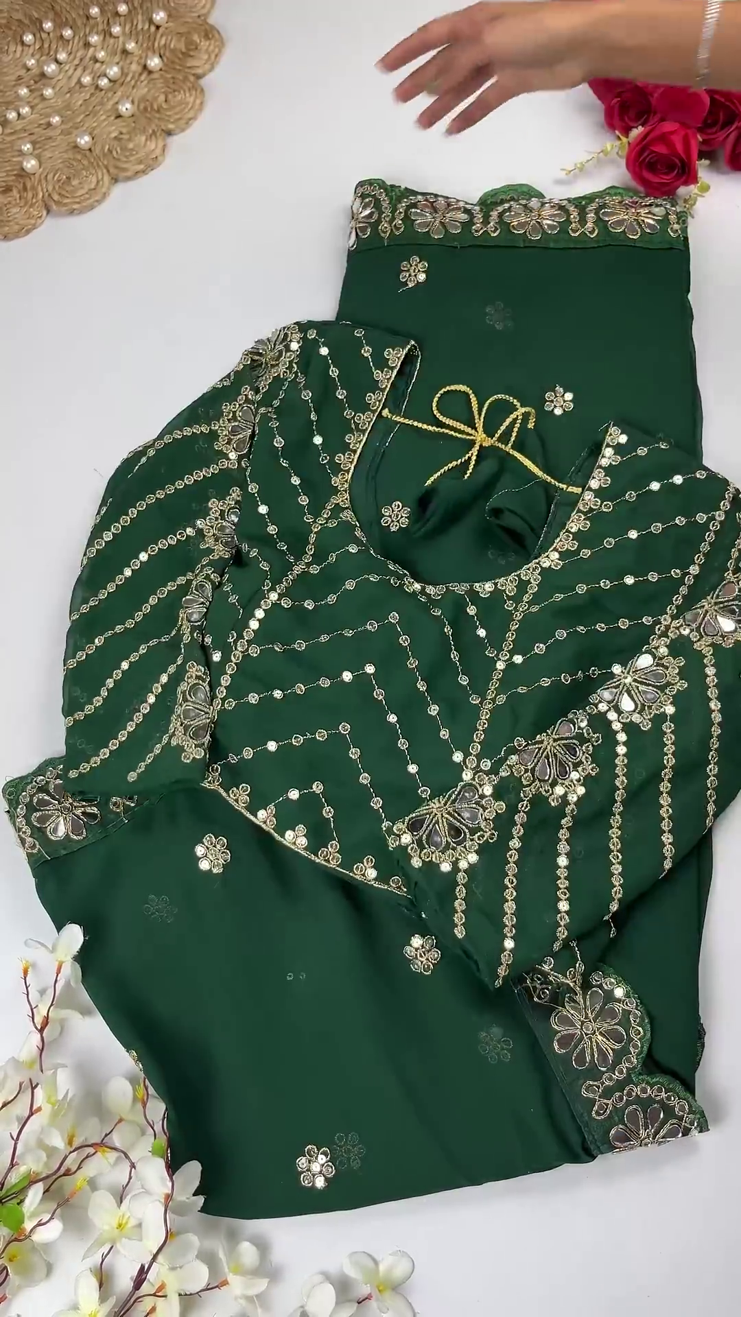 Georgette Saree Set with Hand-Embroidered Mirror-Work Floral Border - Image 2