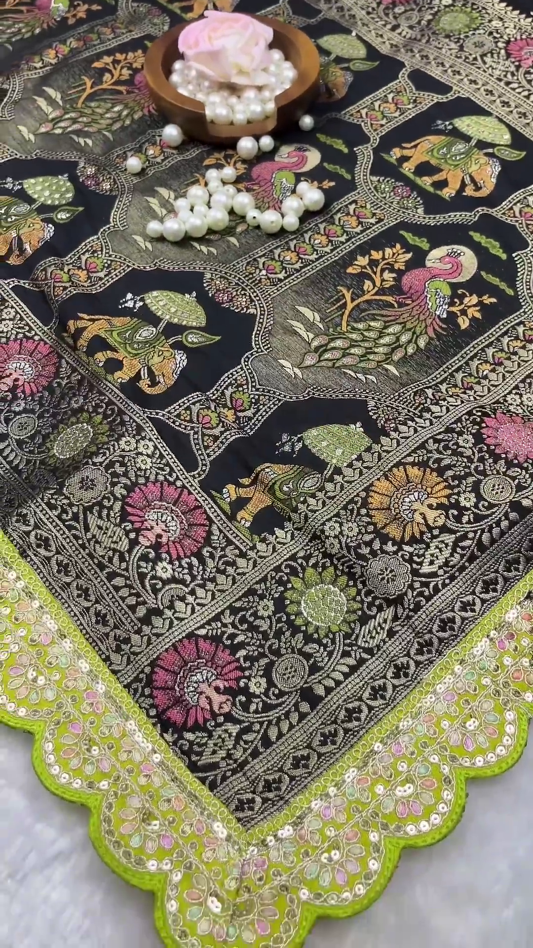 Midnight Black Patola-Print Silk Saree with Lime Green Scalloped Border