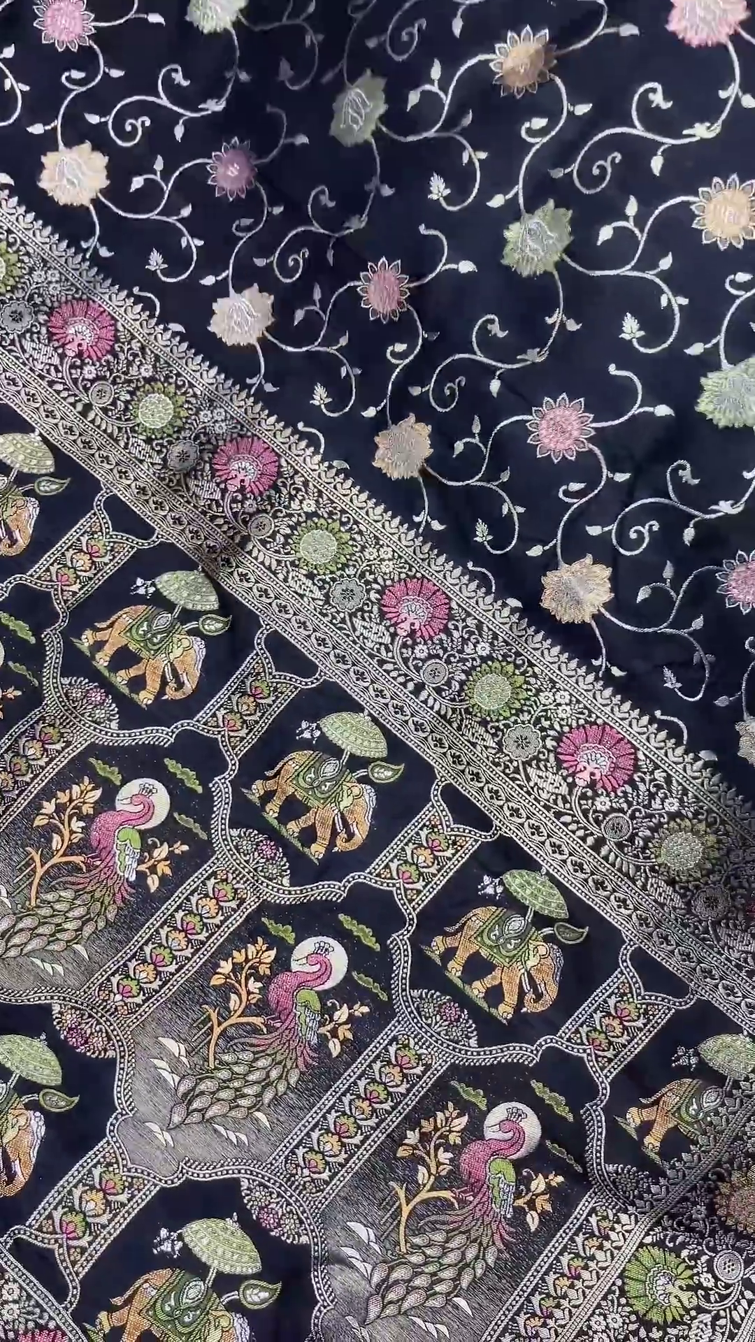 Midnight Black Patola-Print Silk Saree with Lime Green Scalloped Border - Image 3