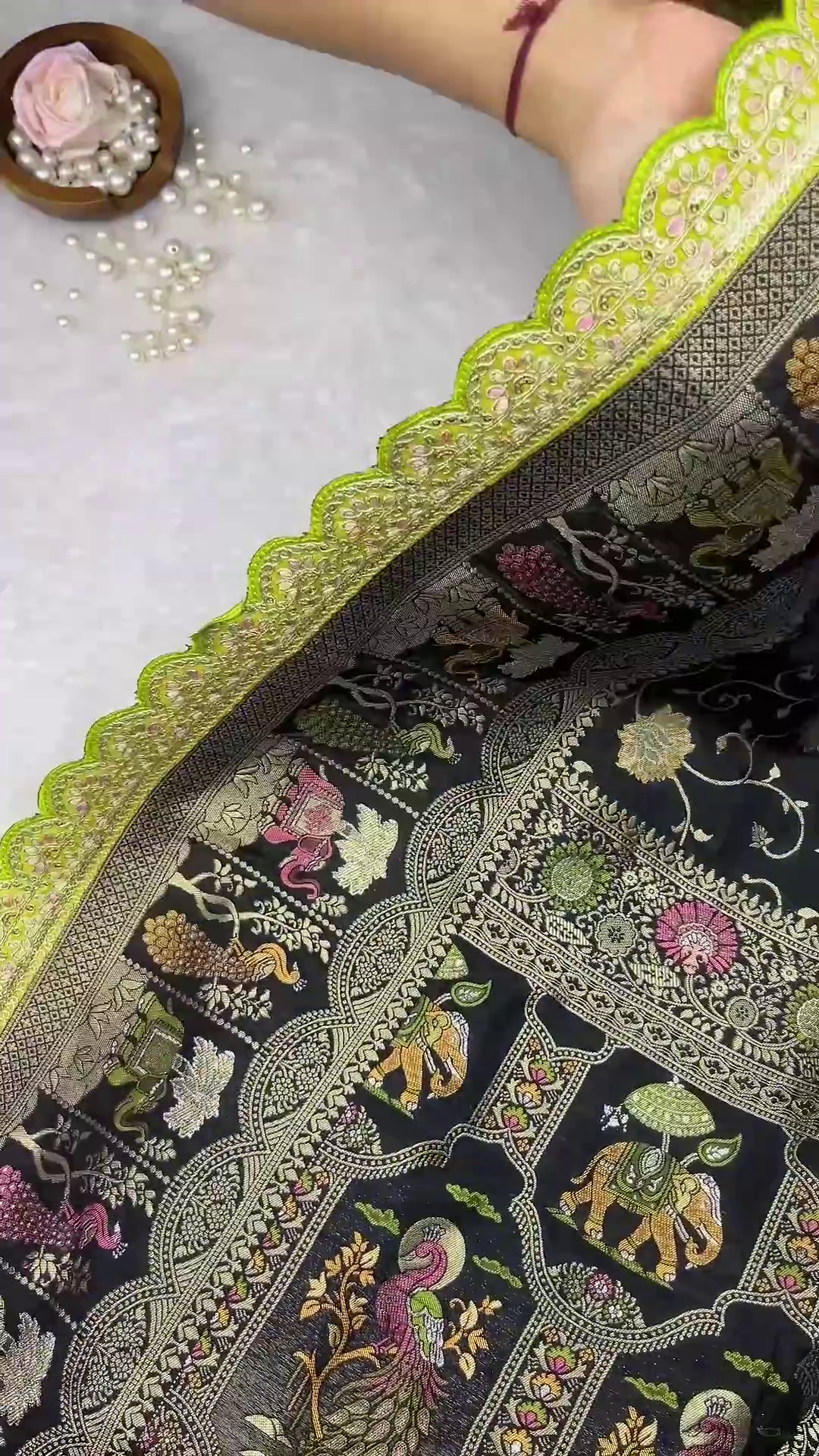 Midnight Black Patola-Print Silk Saree with Lime Green Scalloped Border - Image 2