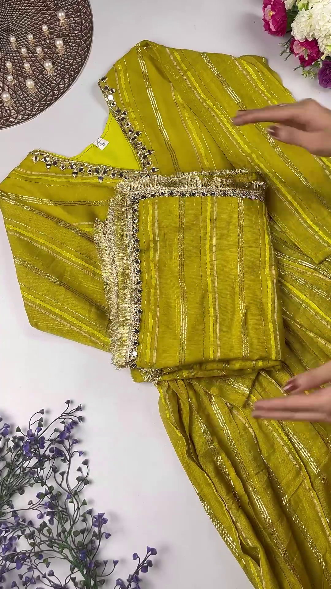 Jewel-Toned Gown with Lurex Stripes and Mirror-Work V-Neck - Image 5