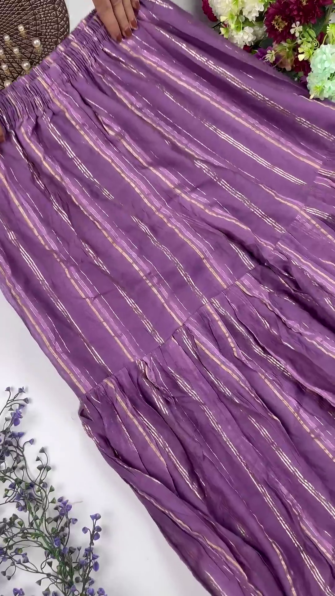 Jewel-Toned Gown with Lurex Stripes and Mirror-Work V-Neck - Image 2