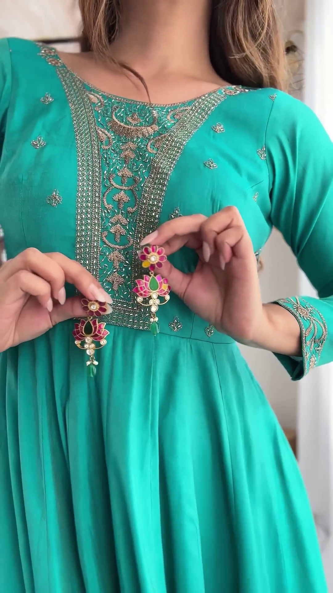 Emerald Teal Silk Anarkali Set with Intricate Zari and Threadwork Bodice - Image 2