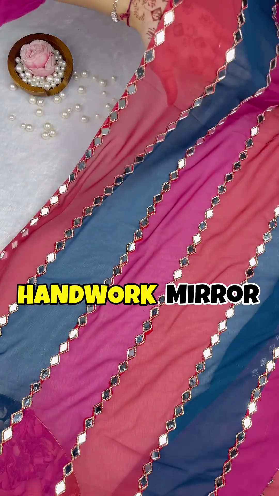 Teal Silk-Blend Blouse with Diamond Mirror-Work Neckline - Image 3