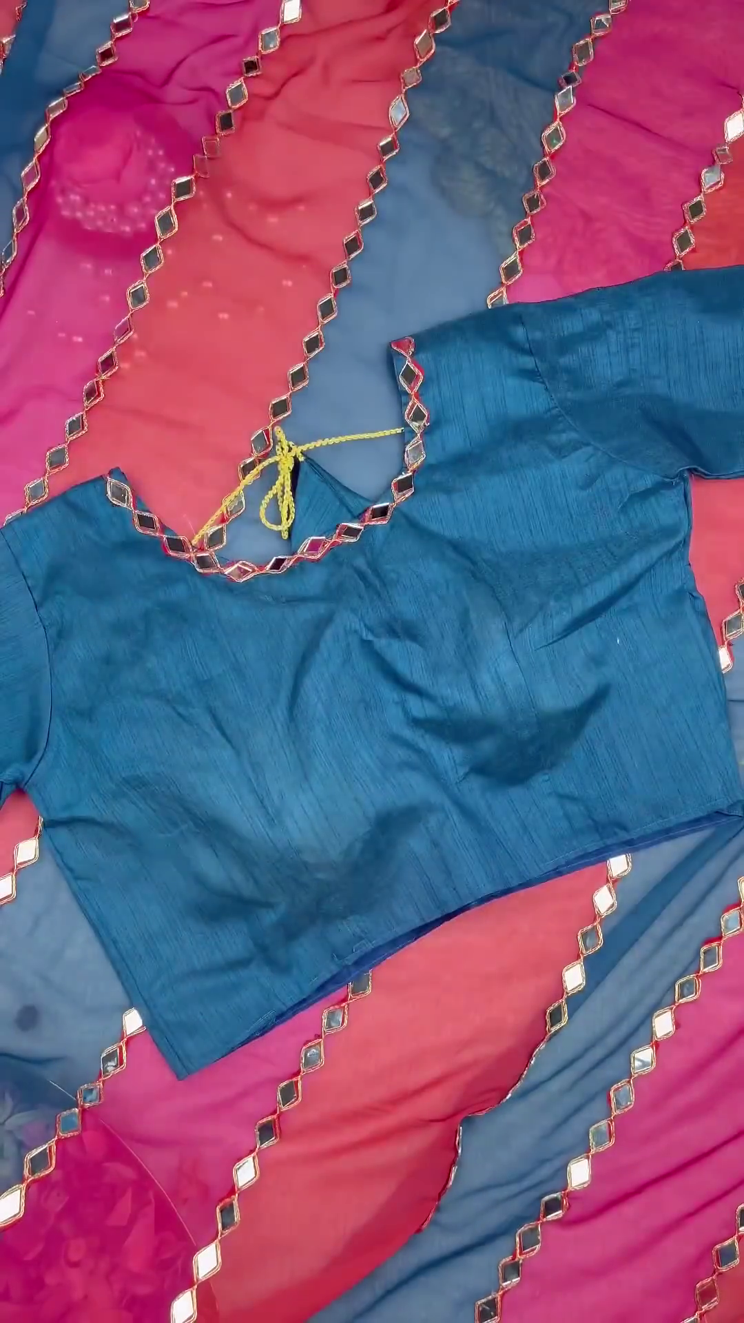 Teal Silk-Blend Blouse with Diamond Mirror-Work Neckline - Image 2