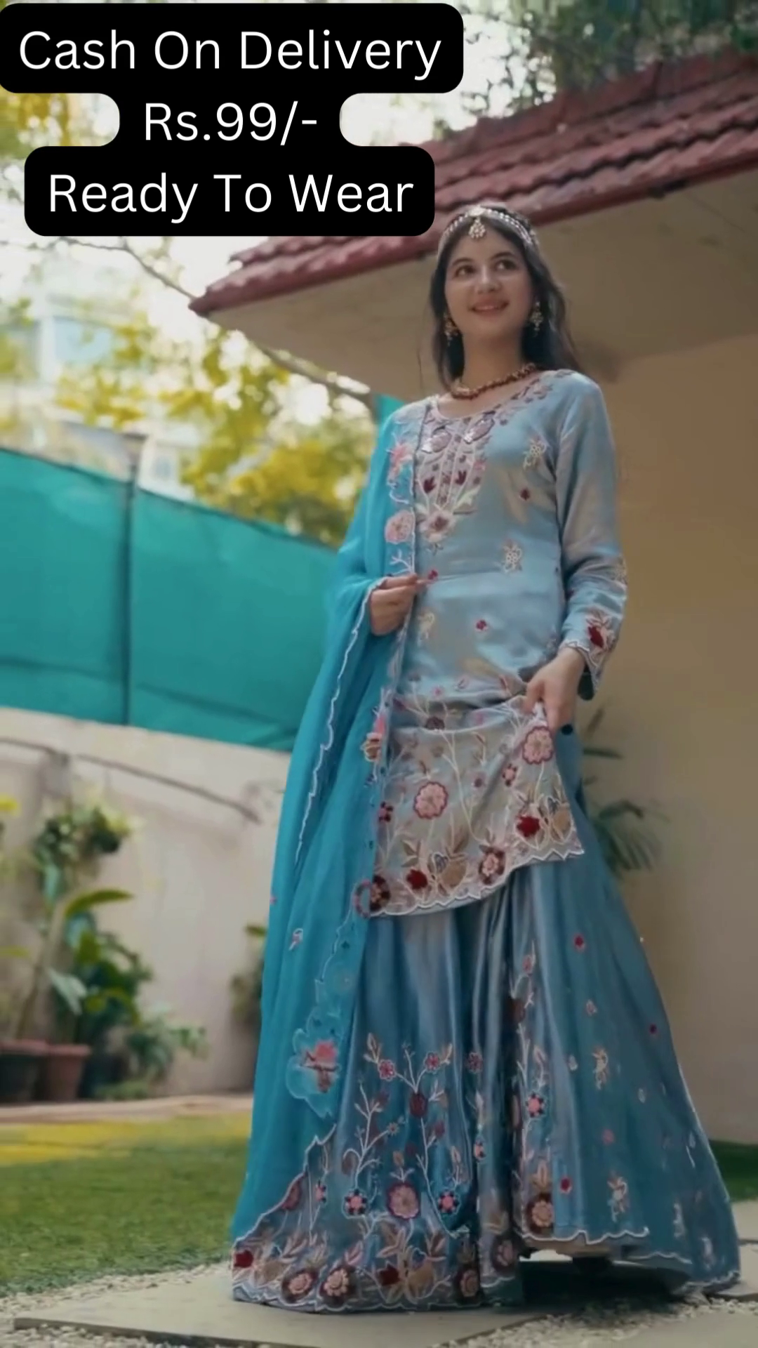 Celestial Blue Silk Sharara Set with Floral Artistry